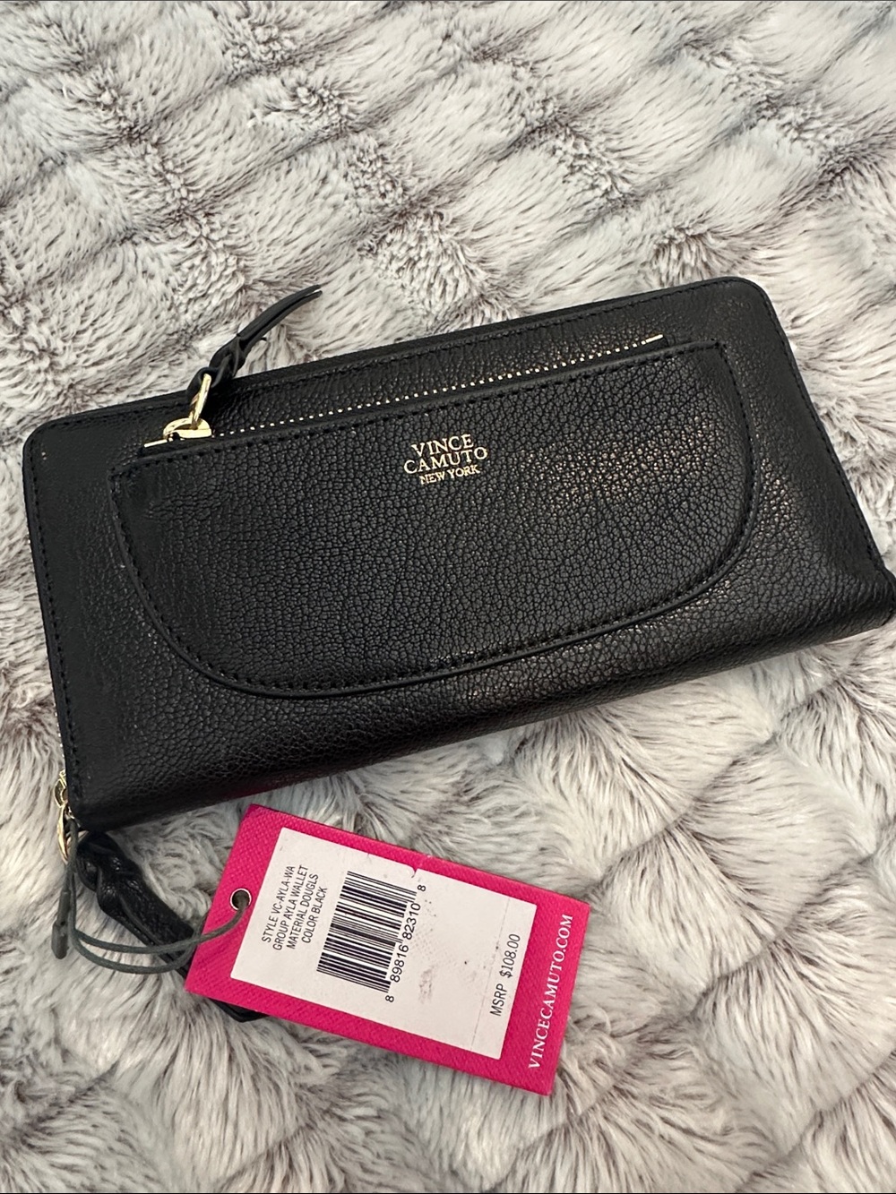 Vince Camuto Black Pebbled Leather Zip Wallet with Front Pocket